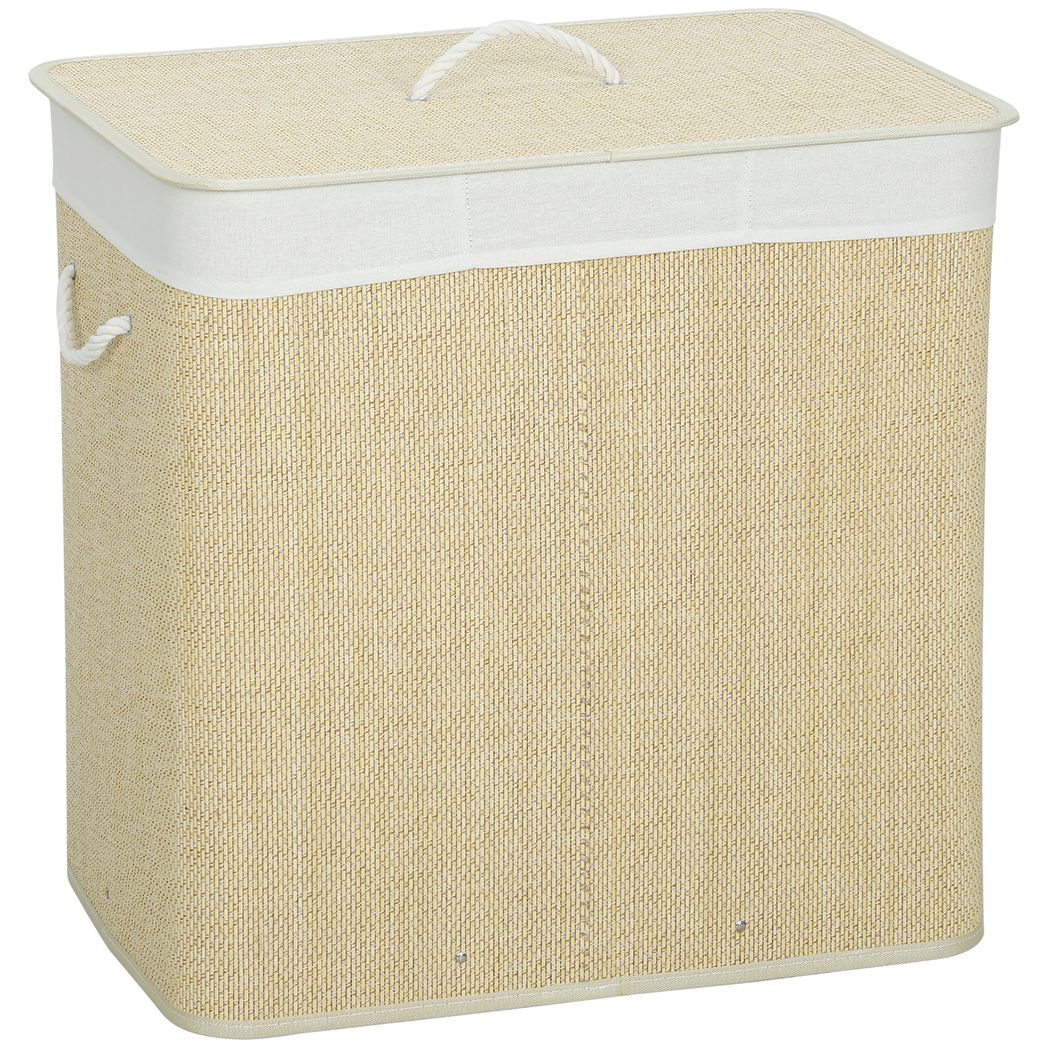 HOMCOM 3 Section Laundry Basket with Lid, 144L Bamboo Laundry Hamper with Handles and Liner, Cream White