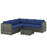 Outsunny 4 Piece Rattan Garden Corner Sofa Set with Glass-Top Coffee Table & Cushions, Blue