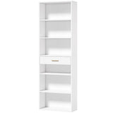 HOMCOM Narrow Tall Bookcase with Drawer and 6 Open Shelves, 182 cm Space-Saving Bookshelf, White