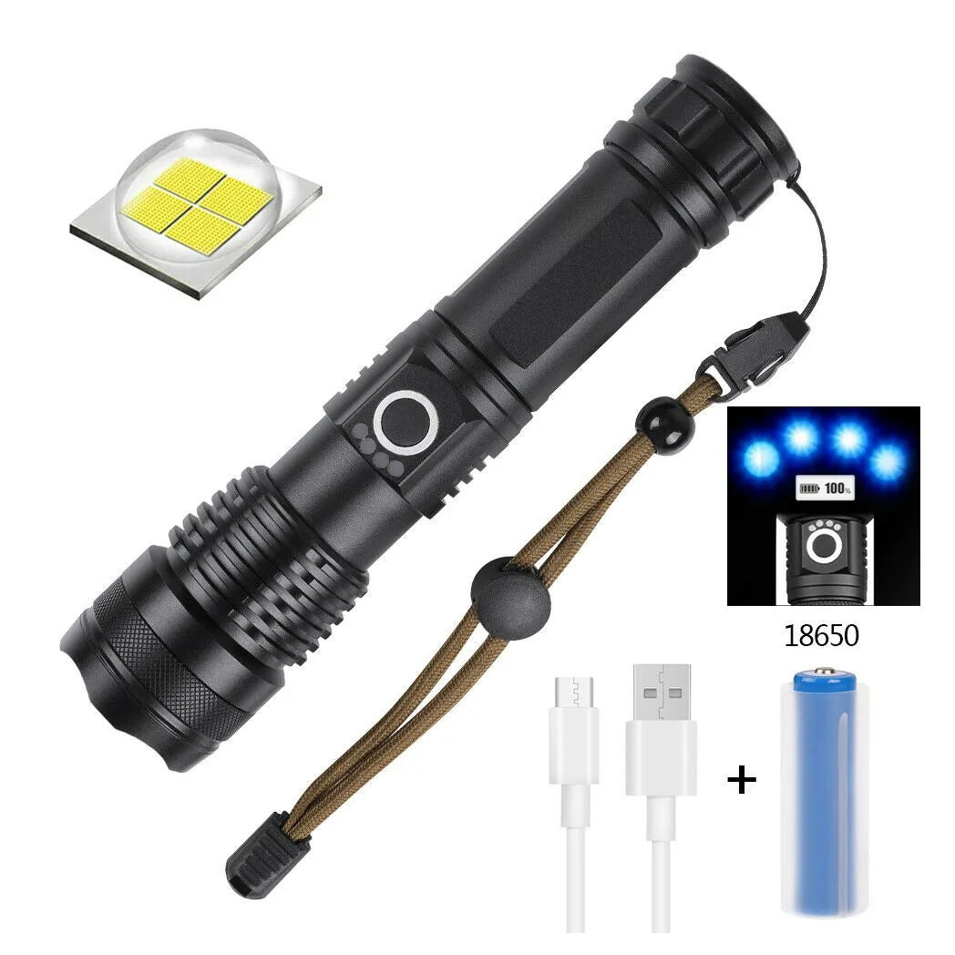 USB Rechargeable LED Flashlight with 5 Modes – Zoomable Aluminium Torch for Camping and Hiking, Black