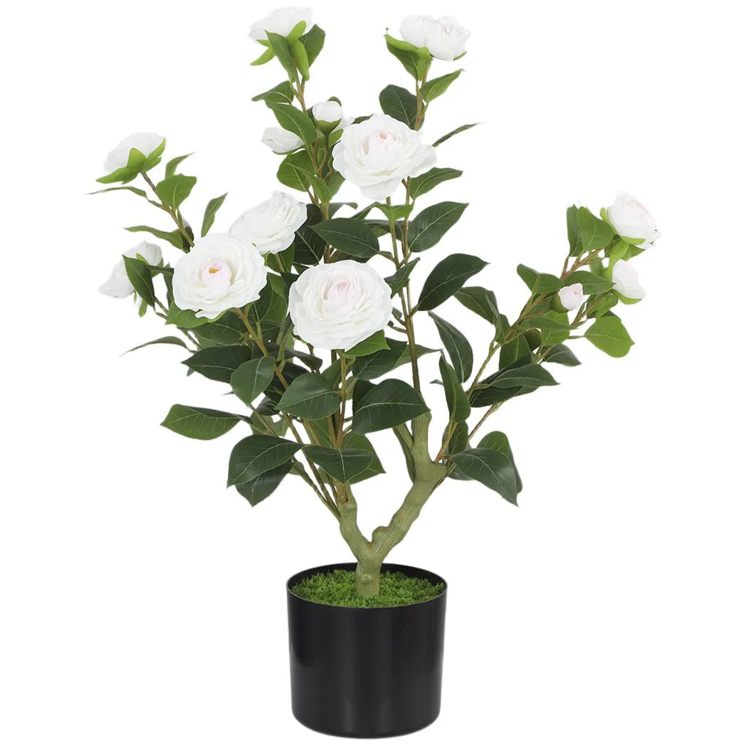 HOMCOM 65cm Artificial Camellia Flower Plant in Pot with 116 Lush Leaves & Moss Effect, White