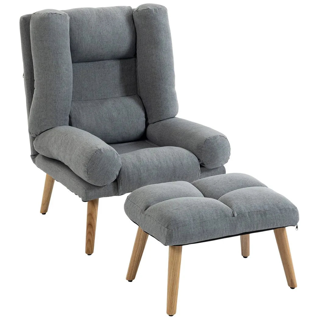 HOMCOM Recliner Chair with Footstool – Armchair with 3-Position Backrest and Wooden Legs, Grey