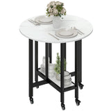 HOMCOM Folding Drop Leaf Dining Table with Open Shelf and Lockable Wheels – Space-Saving, White Marble