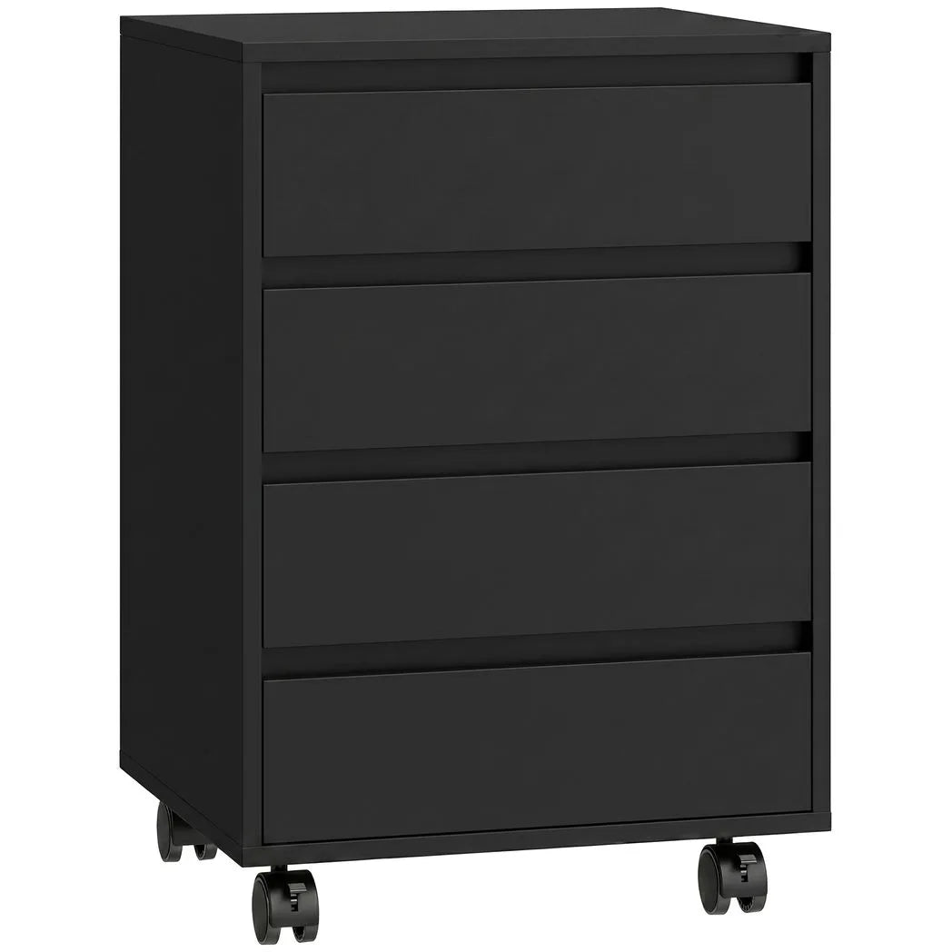 HOMCOM Four-Drawer Office Filing Cabinet with Wheels and Anti-Tipping Straps – Under Desk Storage, Black