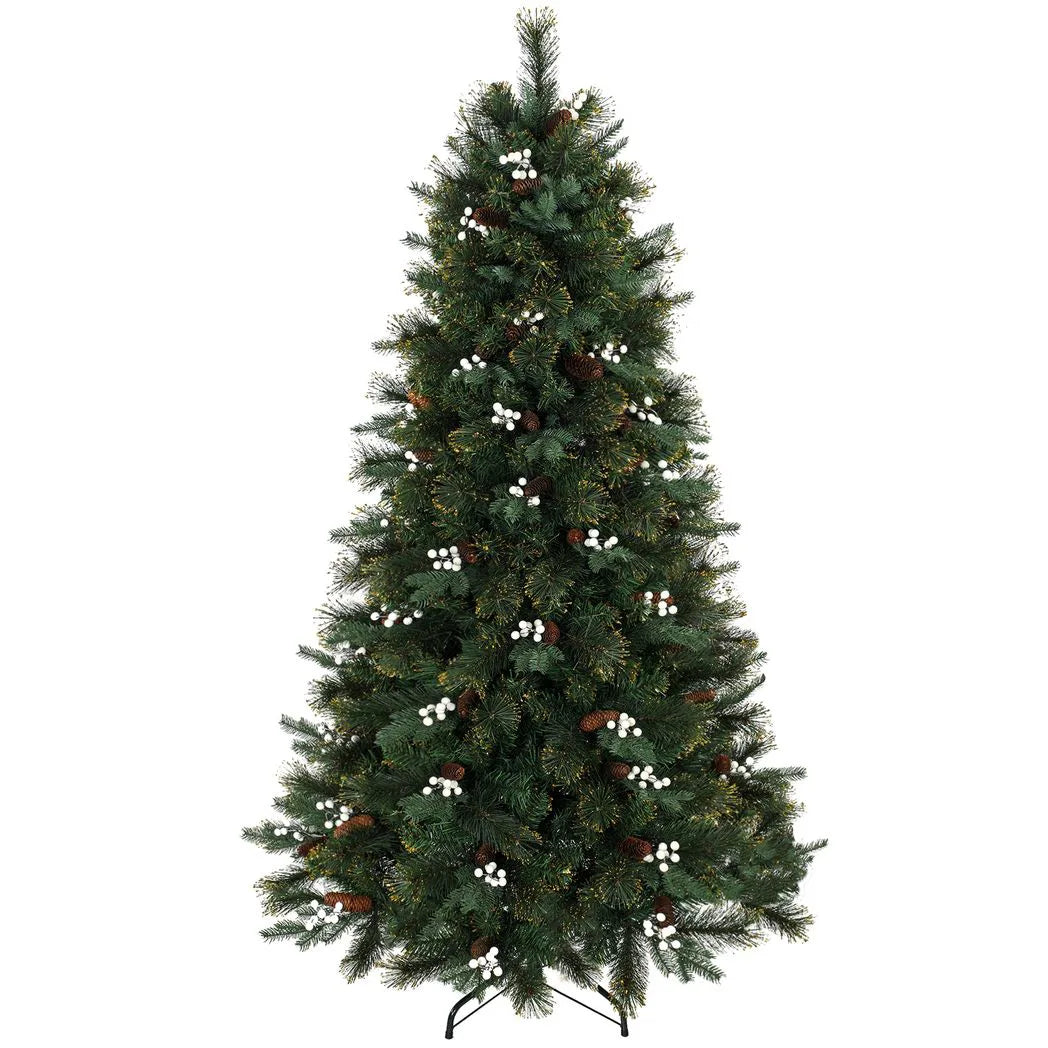 HOMCOM 6ft Pre-Decorated Hinged Christmas Tree with 716 Tips, Berries and Foldable Metal Stand, Green