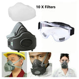 Reusable Half Face Respirator Mask with Safety Goggles and 10 Dust Filter Pads – Model 3200, Grey