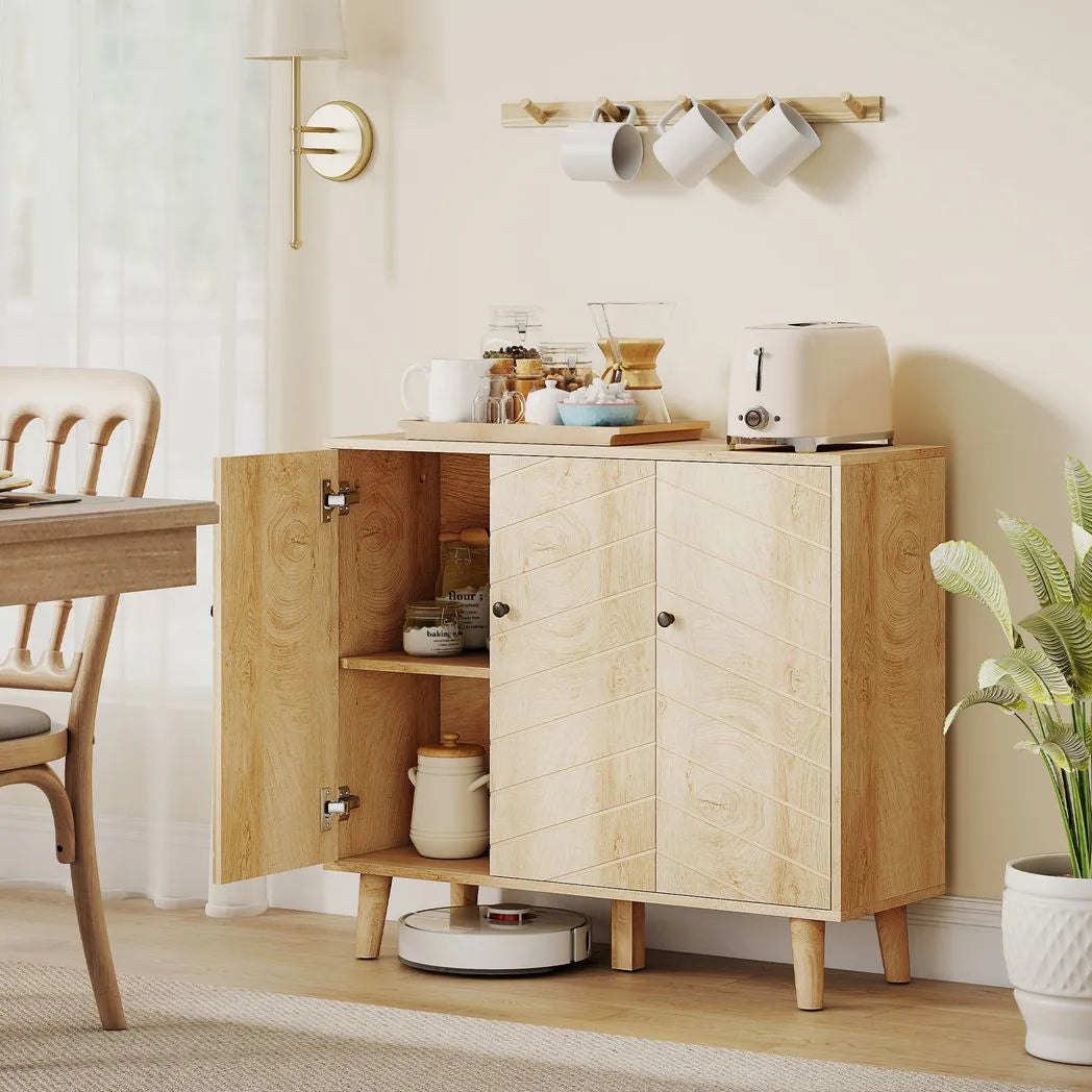 HOMCOM Vintage Sideboard with Chevron Doors and Pine Wood Legs – Soft-Close Kitchen and Living Room Storage