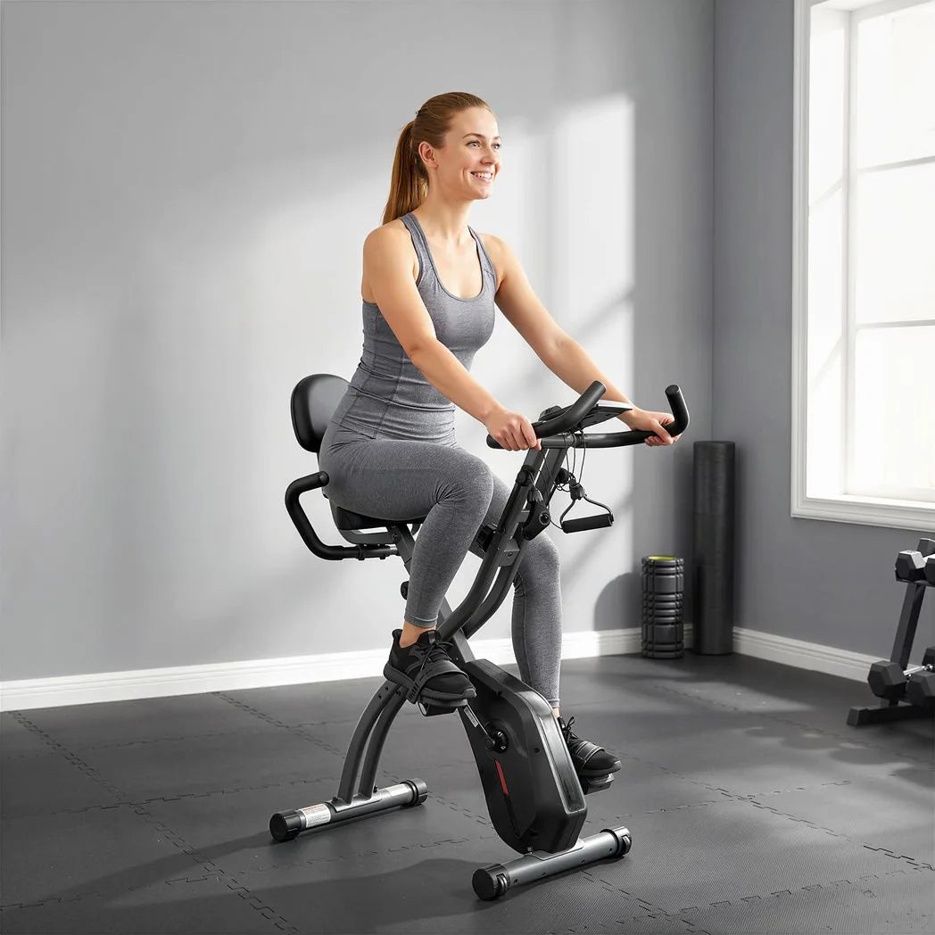 SPORTNOW 4-in-1 Folding Exercise Bike with Resistance Bands, 8-Level Magnetic Resistance & Bluetooth App, Black