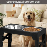 Large Dog Raised Double Bowl Feeding Station with Stainless Steel Bowls – 5 Height Settings, Foldable Legs, Black