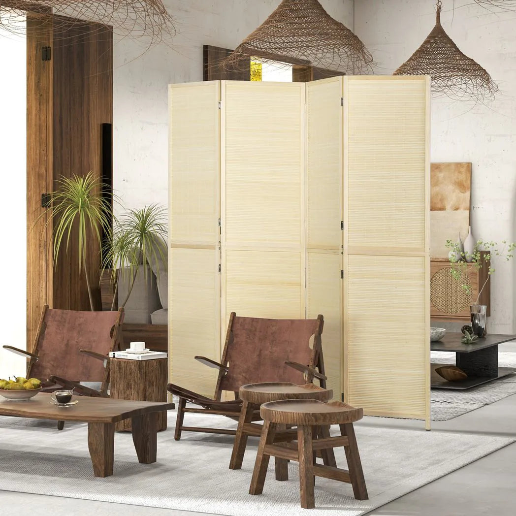 HOMCOM 4-Panel Bamboo Rattan Room Divider – Freestanding Folding Privacy Screen, 180 x 180cm, Natural