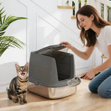 PawHut Large Stainless Steel Cat Litter Box with Lid, Scoop and Deodoriser Bag – Front Entry, Top Exit