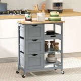 HOMCOM Rolling Kitchen Island Cart with Wood Top, 3 Drawers, 3 Shelves & Side Tray – Serving Trolley, Grey