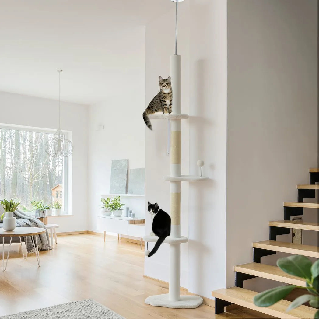 PawHut 225–255cm Adjustable Floor-to-Ceiling Cat Tree with Sisal Posts, Play Balls & Anti-Tip Strap, Beige