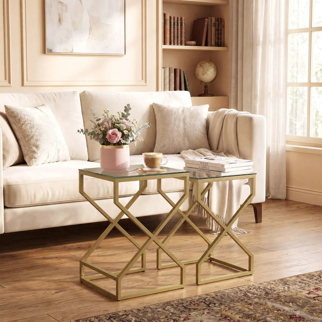 HOMCOM Nest of 2 Tables with Tempered Glass Tops and Golden Legs – Side and Coffee Table Set, Transparent
