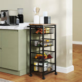 HOMCOM Four Basket Mobile Kitchen Island Trolley with Brakes – Steel Frame Storage Cart, Oak/Black