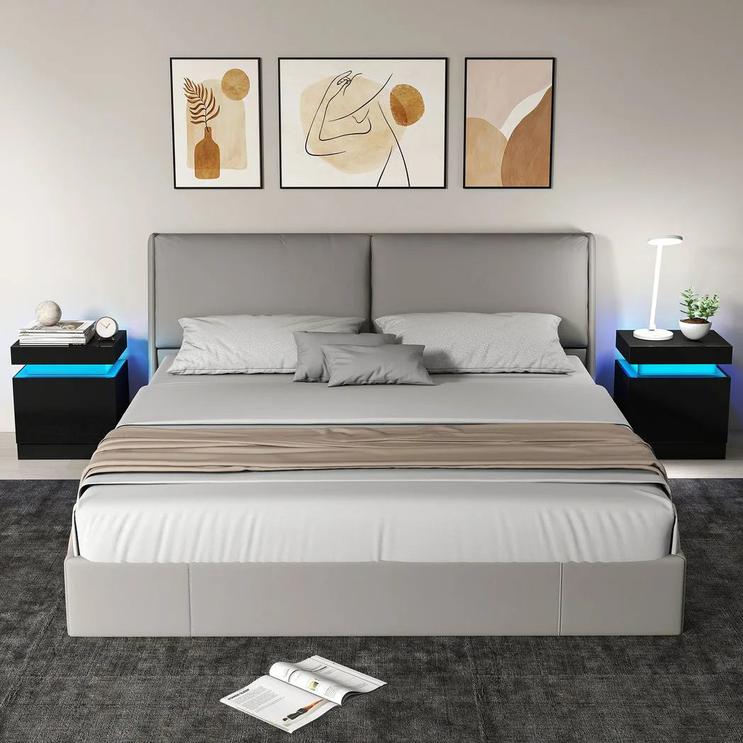 HOMCOM Set of 2 Bedside Tables with LED Light & 2 Drawers – High Gloss Nightstands for Bedroom, Black