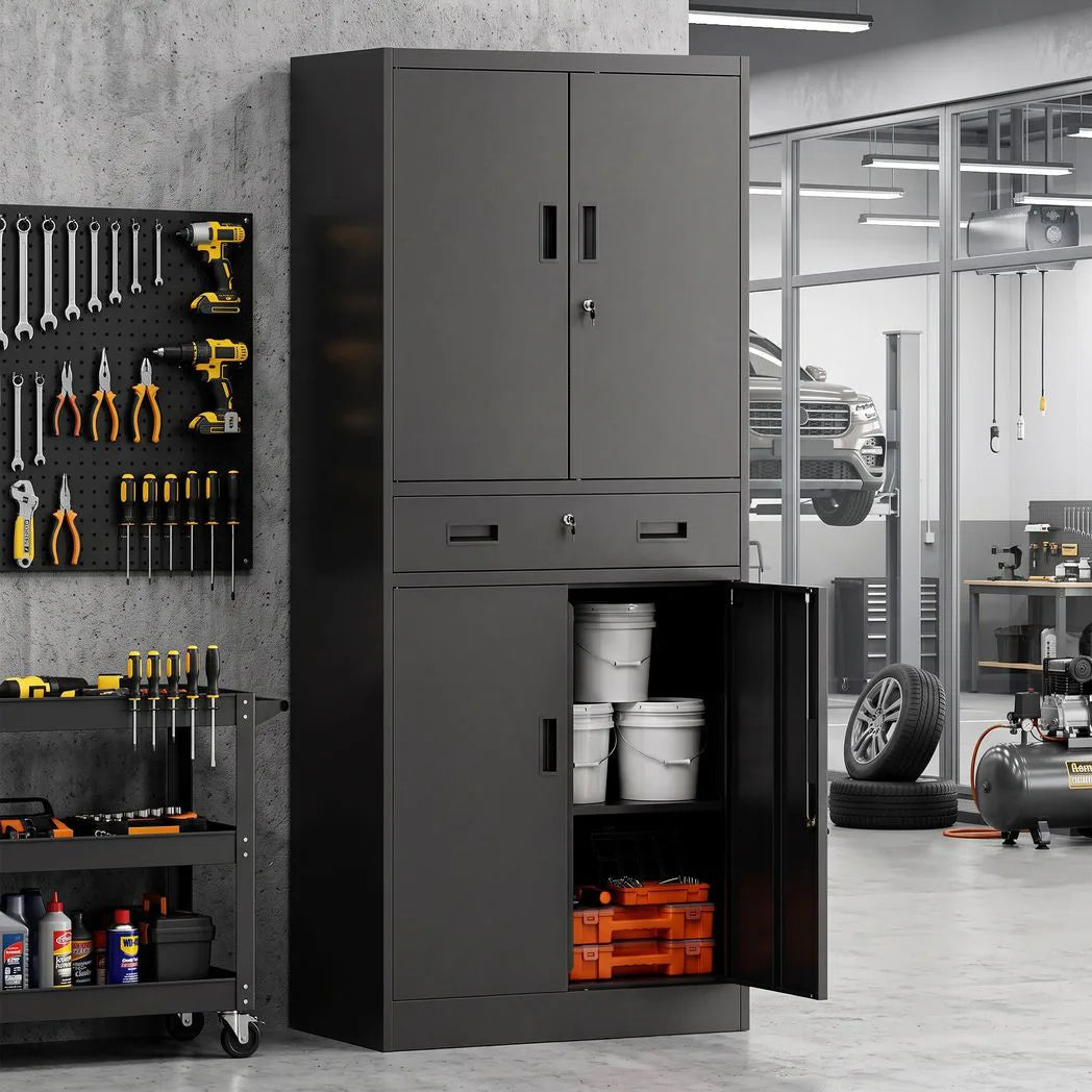 HOMCOM Metal Storage Cabinet with Locking Doors, Drawer & Adjustable Shelves – 180cm Tall Garage Tool Cabinet, Black