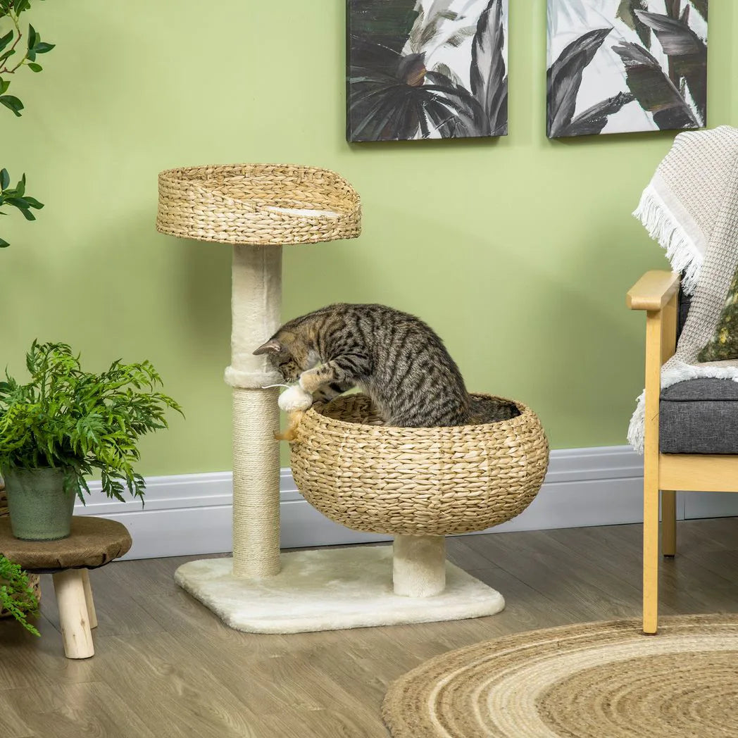 PawHut 72cm Cat Tree with Sisal Scratching Post, Two Beds & Toy Ball – Kitten Activity Tower, Beige