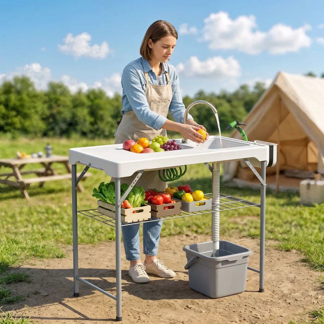 Outsunny Folding Fish Cleaning Table with Two Sinks, Faucet & Drainage Hoses – Portable Camping Sink Table