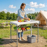 Outsunny Folding Fish Cleaning Table with Two Sinks, Faucet & Drainage Hoses – Portable Camping Sink Table