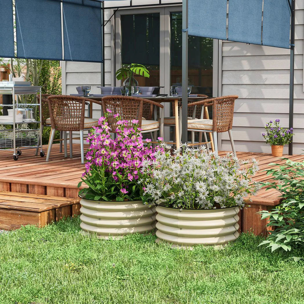 Outsunny Set of 2 Galvanised Raised Garden Beds with Safety Edging – Open-Bottom Planters, Cream White