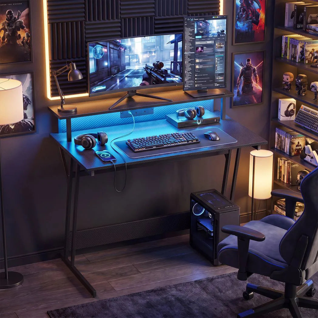 HOMCOM Two-Level LED Gaming Desk with Carbon Fibre Top, Power Outlets & USB Ports – Black Computer Desk