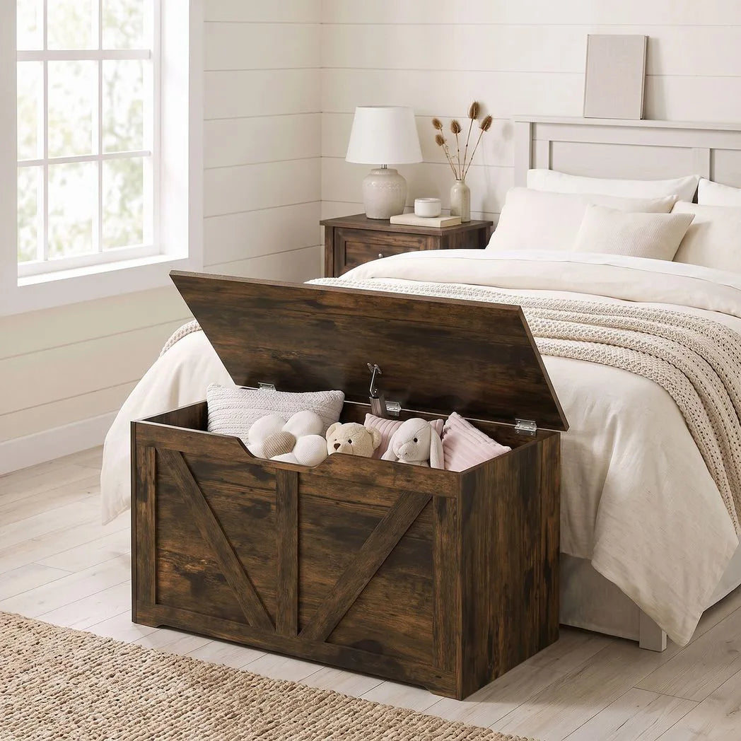 HOMCOM 100L Storage Box with Safety Hinge & Seat Top – Storage Trunk Bench, Rustic Brown Wood-Effect