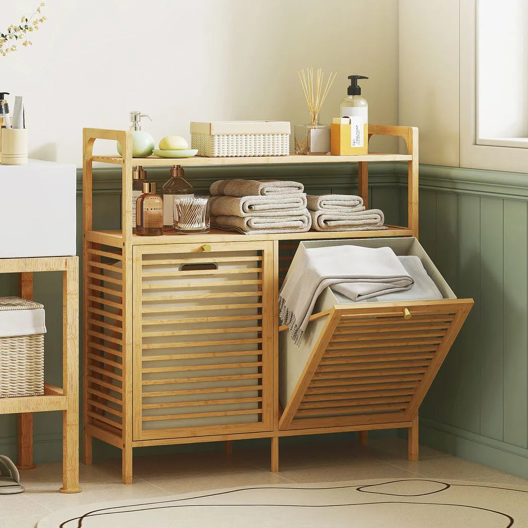 HOMCOM Double Tilt-Out Bamboo Laundry Cabinet with 2 Removable Baskets – Freestanding Bathroom Storage, Natural
