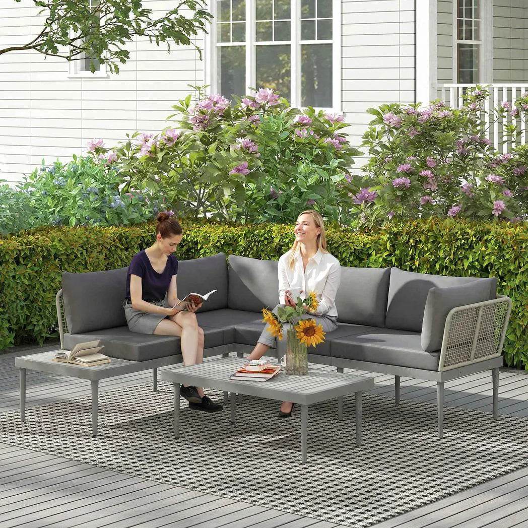 Outsunny Three-Piece L-Shaped Rattan Garden Sofa Set with Wood-Top Coffee Table and Thick Cushions – Grey