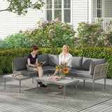 Outsunny Three-Piece L-Shaped Rattan Garden Sofa Set with Wood-Top Coffee Table and Thick Cushions – Grey