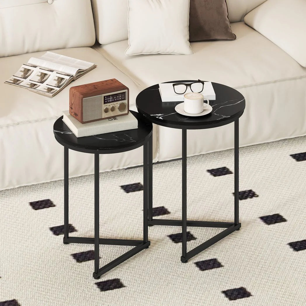 HOMCOM Set of Two Marble-Effect Nesting Tables with Black Steel Frames – Coffee and Side Tables, Black