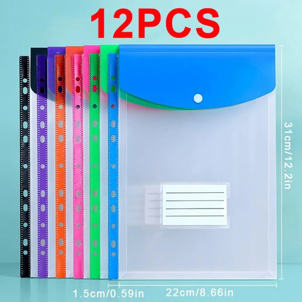 Expandable A4 Document Wallets with Snap Buttons and 11-Hole Punched Pockets – Pack of 12, Assorted Colours