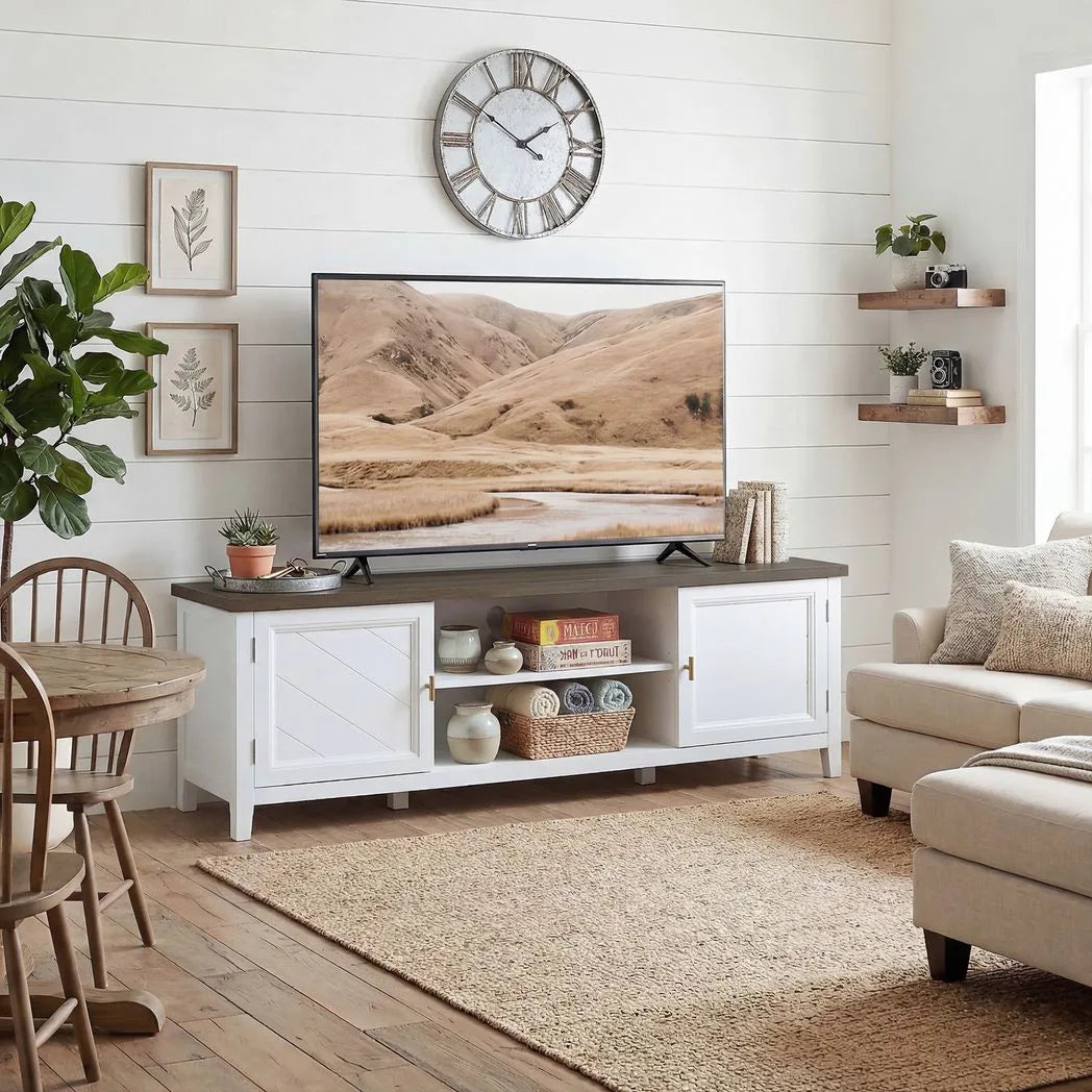 HOMCOM Farmhouse TV Unit for TVs up to 42 Inch with 2 Cabinets and 2 Open Shelves – Media Storage
