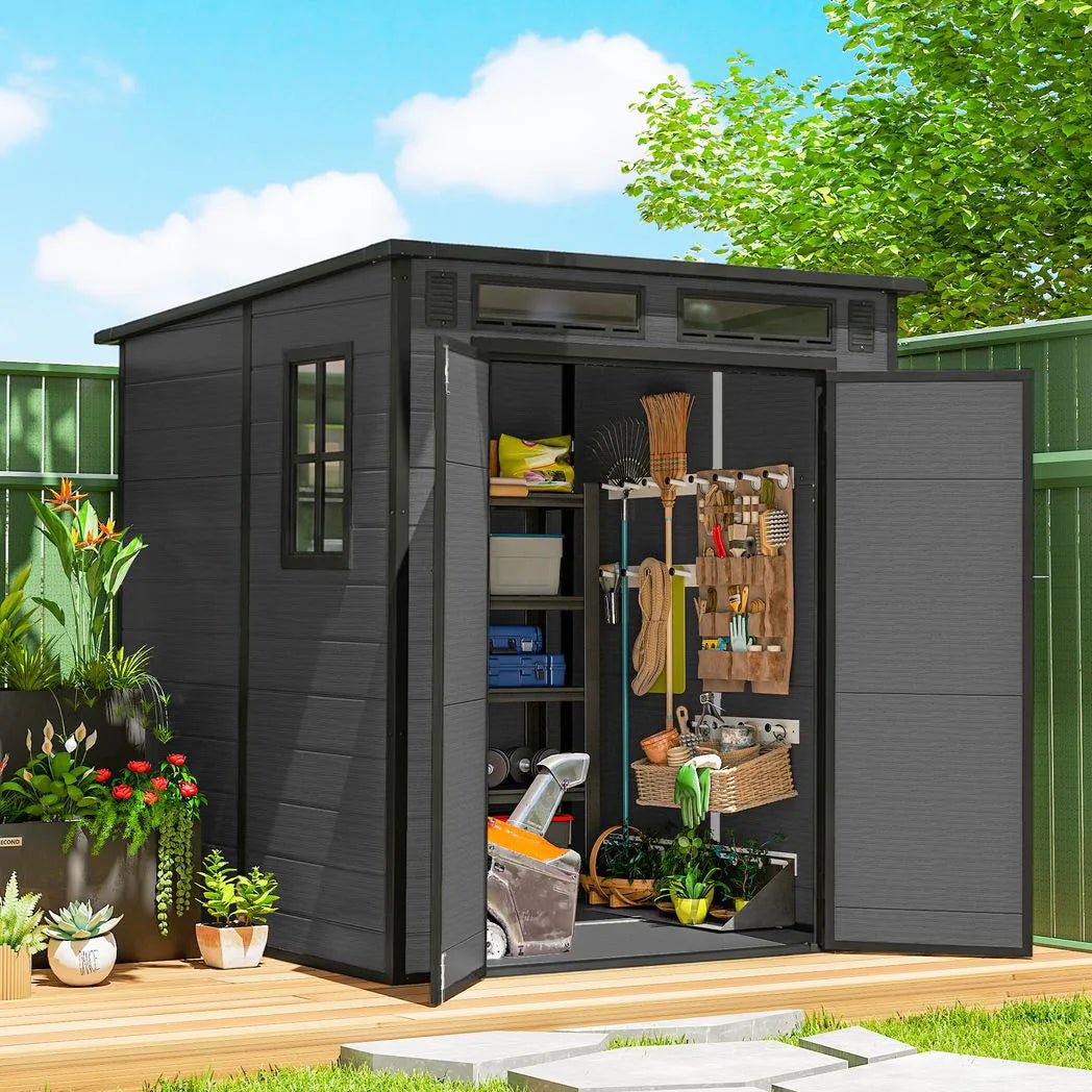 Outsunny 6 x 6ft Wood-Effect Plastic Garden Shed with Floor, Windows & Lockable Doors – Outdoor Storage, Dark Grey