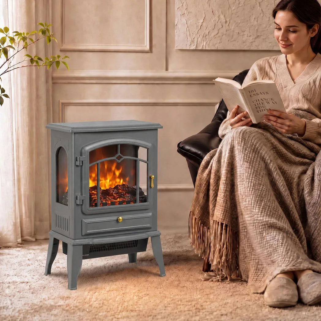 HOMCOM 1000/2000W Electric Fireplace Stove with 3D Flame Log and Thermostat – Freestanding Heater, Grey