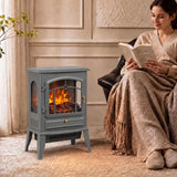 HOMCOM 1000/2000W Electric Fireplace Stove with 3D Flame Log and Thermostat – Freestanding Heater, Grey