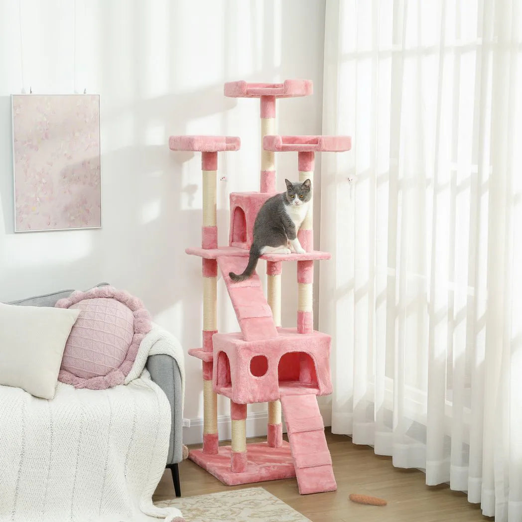 PawHut 173 cm Cat Tree with Scratching Boards and Two Cat Houses – Tall Activity Play Centre, Pink