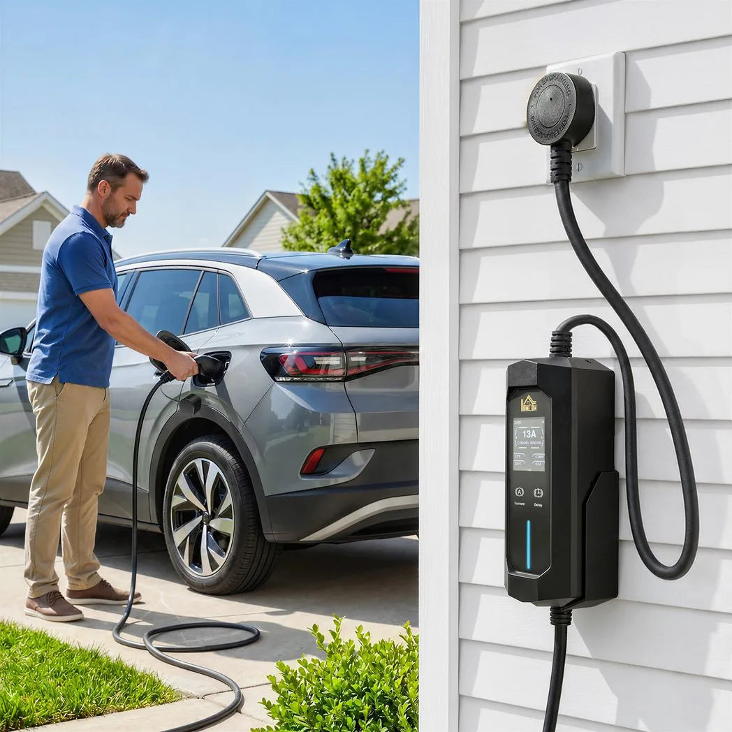 HOMCOM 10 m Type 2 to 3-Pin Plug EV Charger, 2.8 kW, 6-13 A, IP65 Portable Charging Cable with LCD & 1-12 h Timer
