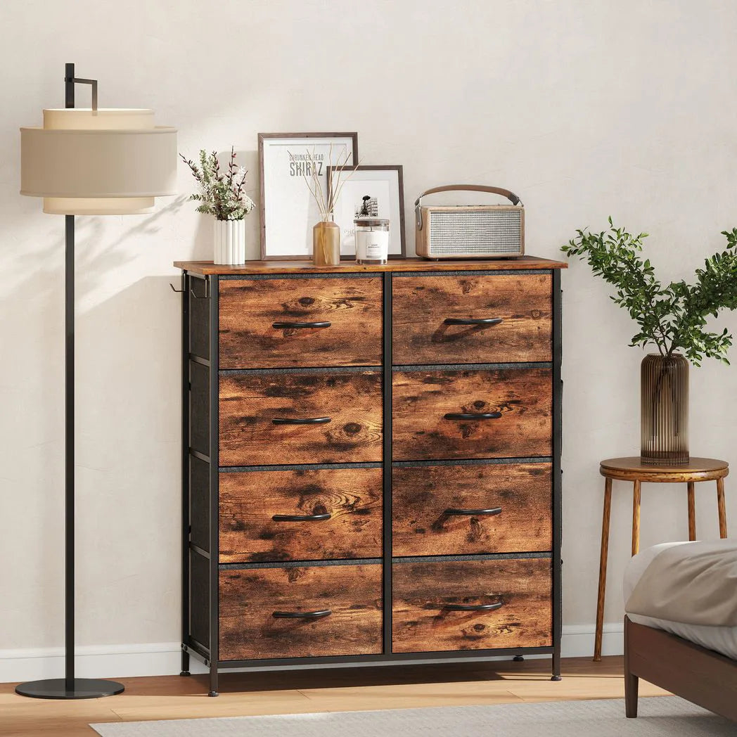 HOMCOM Eight Fabric Drawer Chest with Steel Frame, Pockets and Anti-Tipping Kit – Rustic Brown
