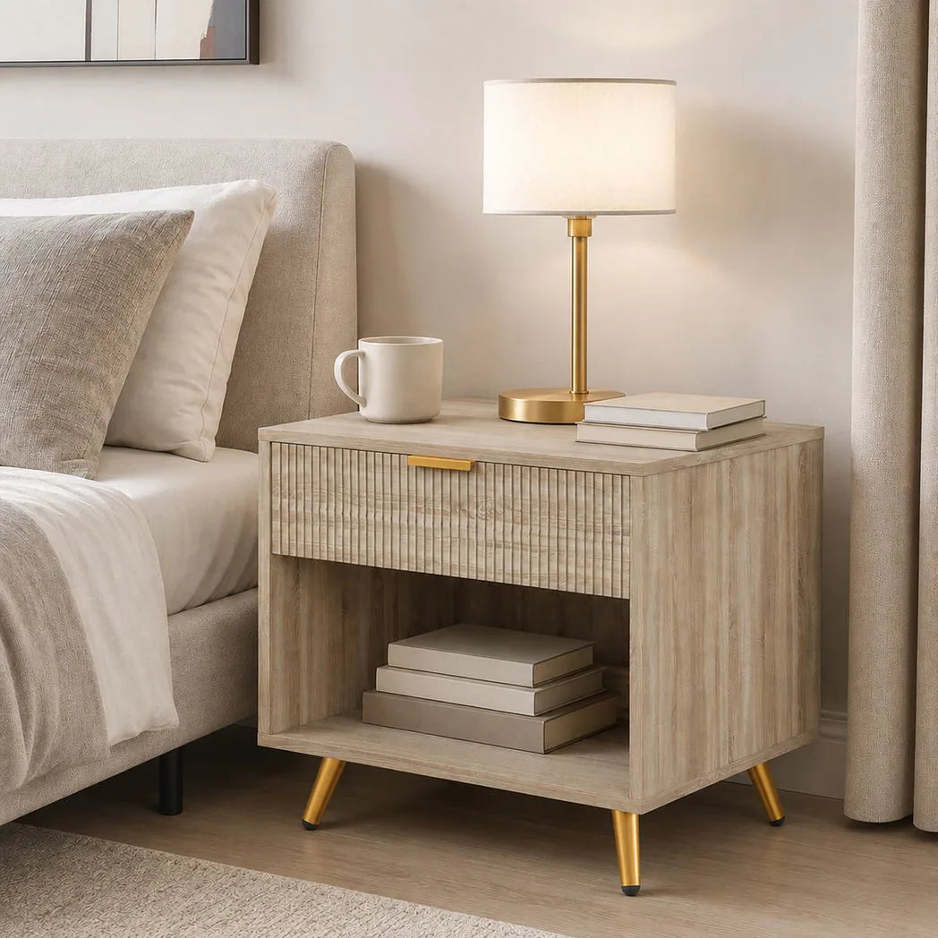HOMCOM Bedside Table with Drawer and Open Compartment – Bedroom Nightstand, Natural Wood Finish