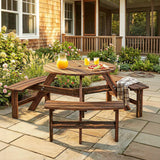 Outsunny 6 Seater Wooden Round Picnic Table with Matching Benches & Parasol Hole, Carbonised Finish