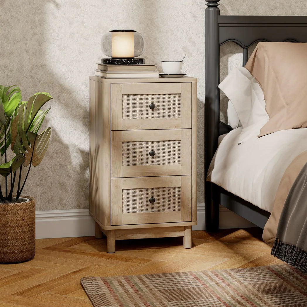 HOMCOM 3 Drawer Chest of Drawers, 40cm Bohemian Rattan Bedroom Dresser with Anti-Tip Kit – Oak
