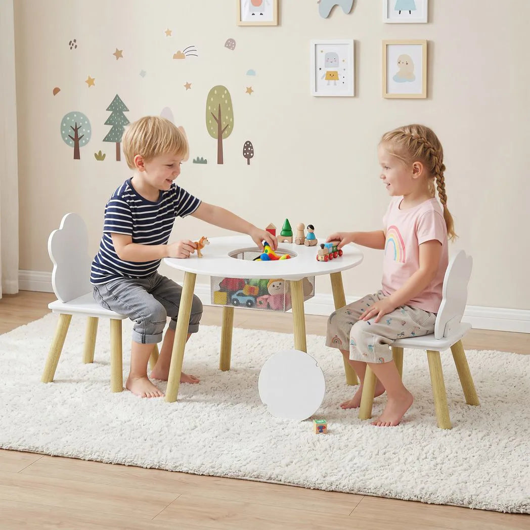 AIYAPLAY Kids Table and Chairs Set with Storage Bag – 3-Piece Cloud Design Toddler Playroom Set, White