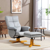 HOMCOM PU Leather Swivel Recliner Chair with Storage Footstool and Wooden Base – Living Room Armchair, Light Grey