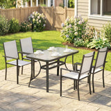 Outsunny 5 Piece Garden Dining Set for 4 – Rectangular Glass-Top Table with Parasol Hole & Stackable Chairs, Light Grey