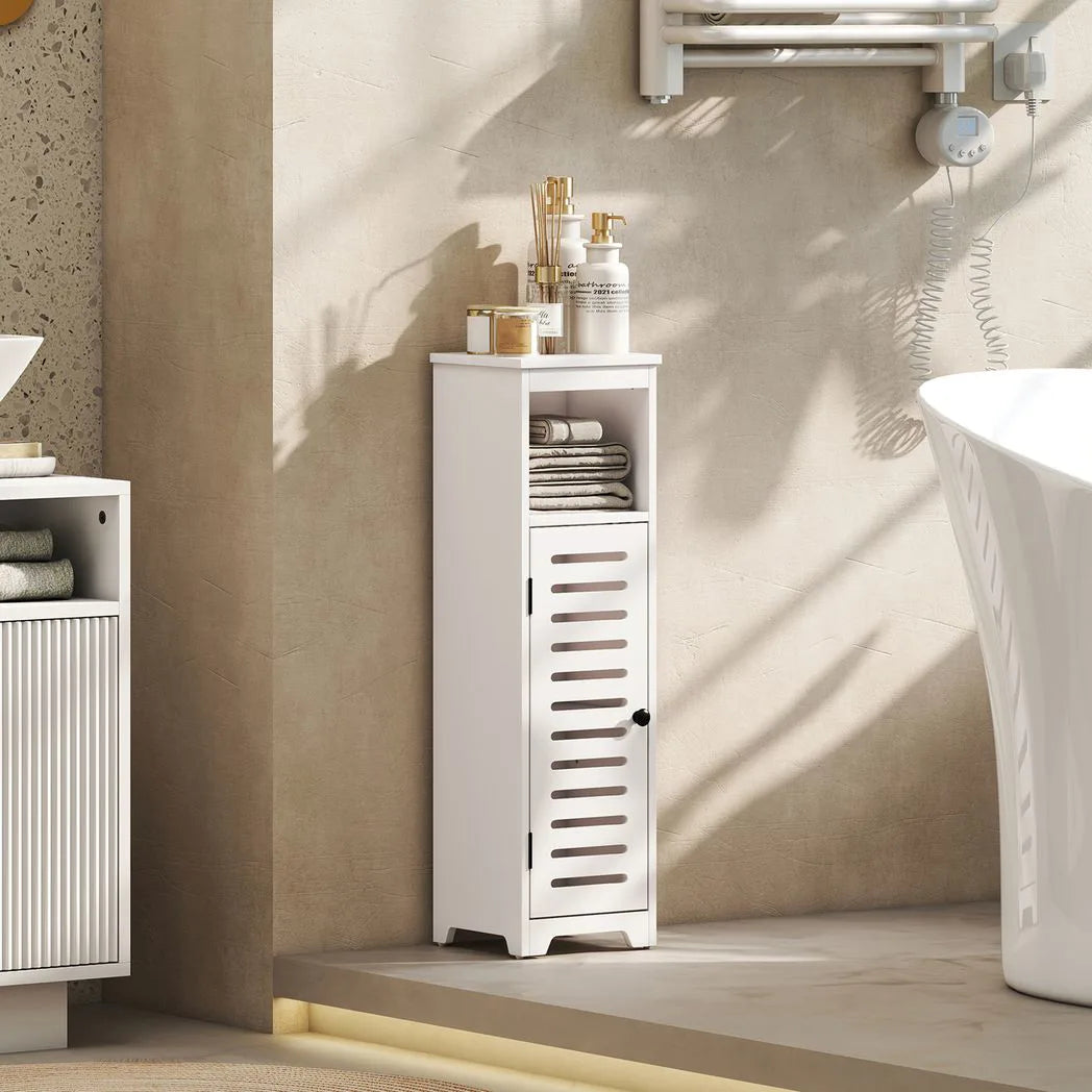 HOMCOM Slim Bathroom Floor Cabinet with Louvered Door, Open Shelf and Adjustable Shelf – Storage Unit, White