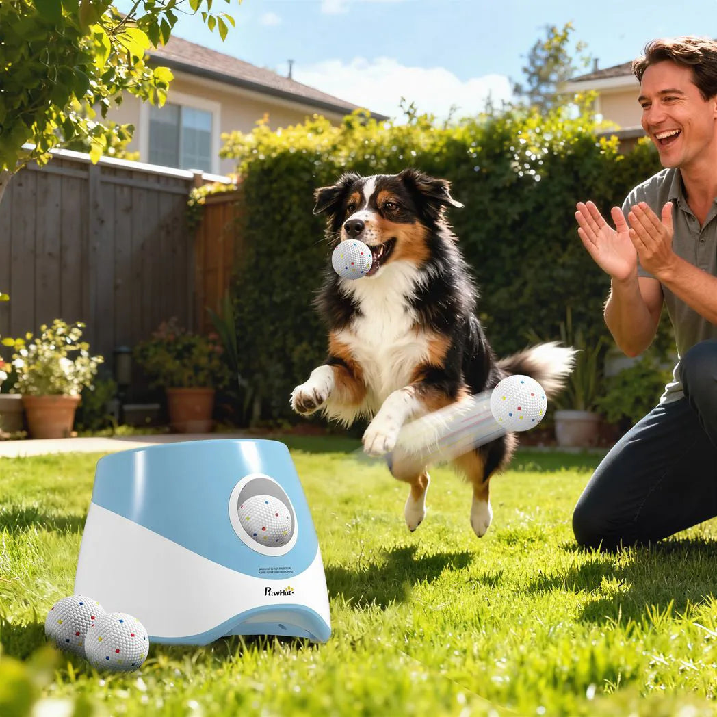 PawHut Automatic Dog Ball Launcher with 5 ETPU Balls, 6/10/14m Settings – Rechargeable Fetch Toy, Blue