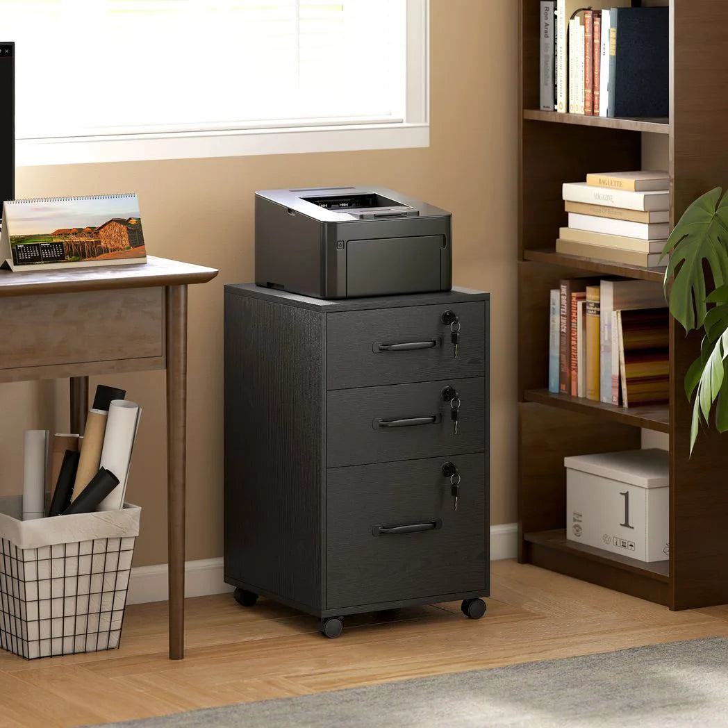 HOMCOM Three-Drawer Lockable Filing Cabinet with Wheels – Wood-Effect Under Desk Office Storage, Black
