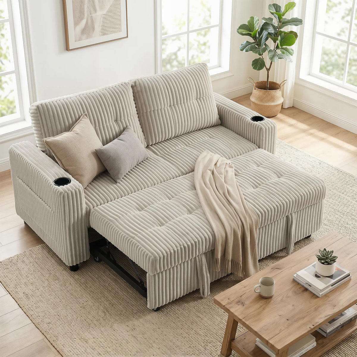 HOMCOM Corduroy Click Clack Sleeper Sofa Bed with Pull Out Design, 2 Seater, Cup Holders – Cream White
