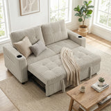 HOMCOM Corduroy Click Clack Sleeper Sofa Bed with Pull Out Design, 2 Seater, Cup Holders – Cream White